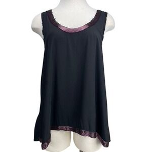 RORY BECA Womens (XS) Beaded Swing‎ Black Tank Top Silky Raw Edge Baggy USA